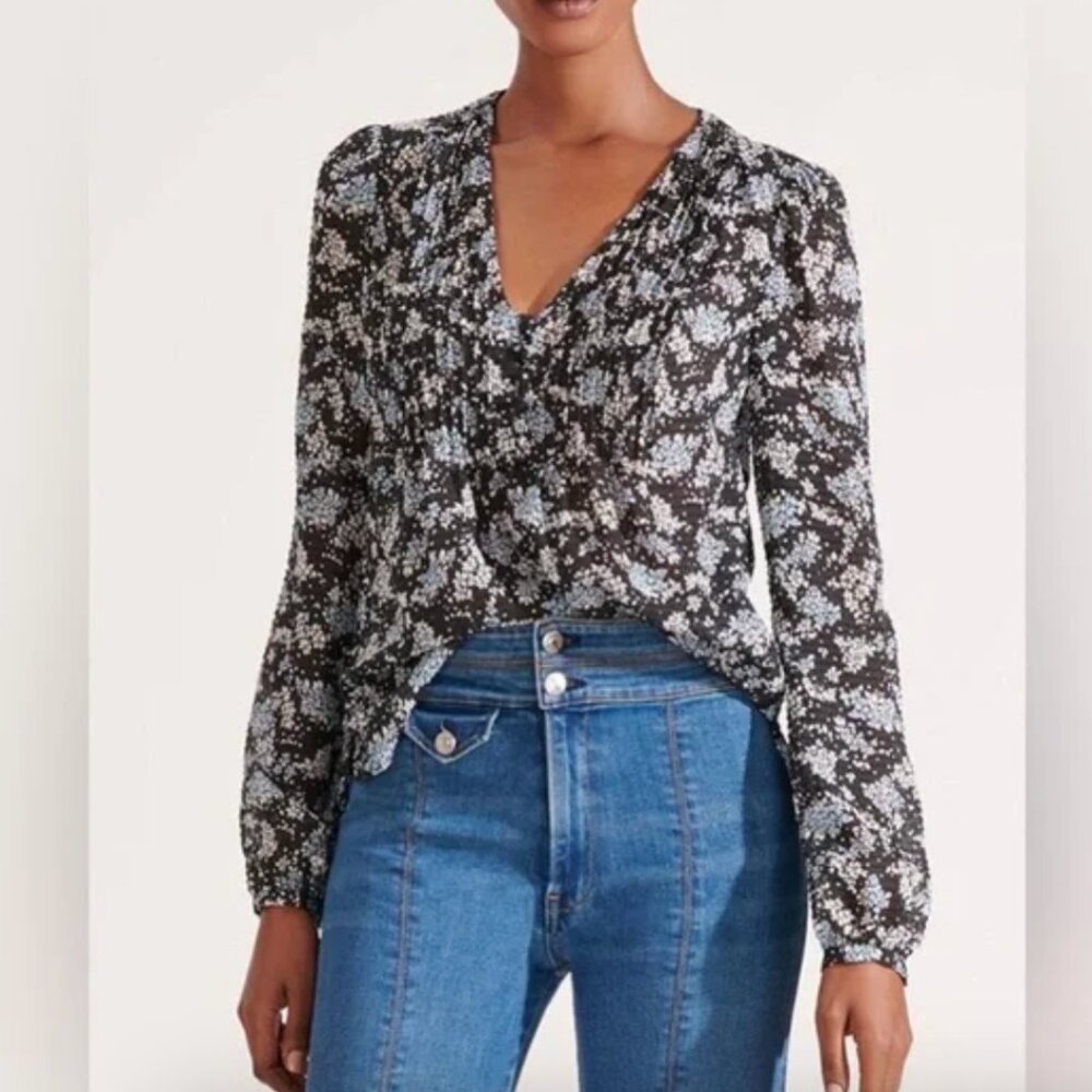 Veronica beard lowell blouse 100% silk V-Neck long sleeve Light Blue Floral 10